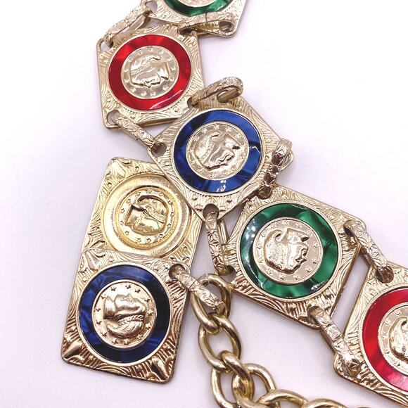 Vintage Belt Hong Kong Signed Gold Tone Enamel Color Coin 37 inches main image 4